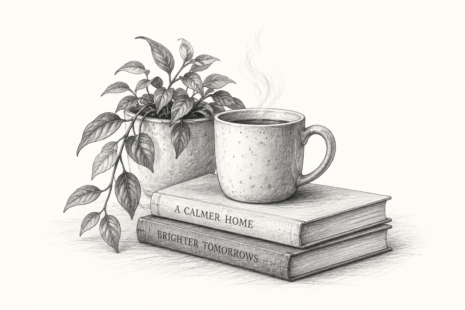 Pencil illustration of a mug on books beside a trailing plant